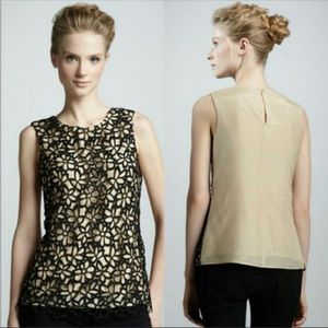 Neiman Marcus Tan Sleeveless Top with Black Crochet Flowers Size Large